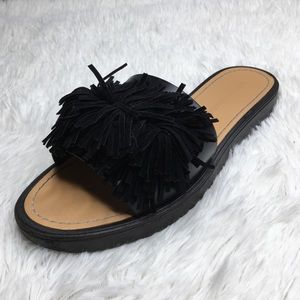 Dirty Laundry Paseo Black Fringe Slide Sandals